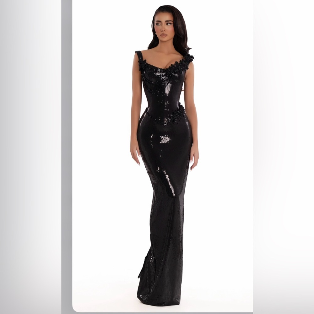 Albina Dylan Glamorous Black Sequin Maxi Dress